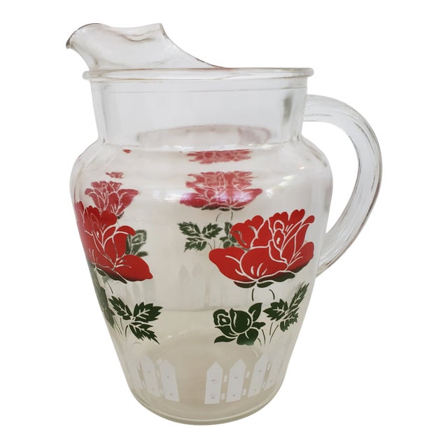Mid-Century Red Rose Glass Pitcher For Sale
