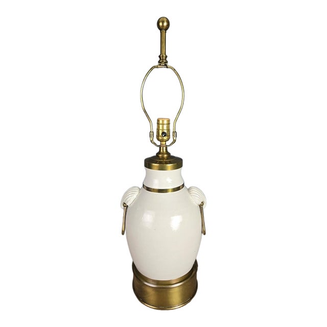 Vintage Hart & Associates Brass & White Pottery Table Lamp W Sea Shell Handles For Sale