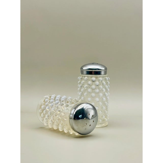 Art Deco 1950’s Fenton Opalescent Hobnail Salt and Pepper Shakers For Sale - Image 3 of 6