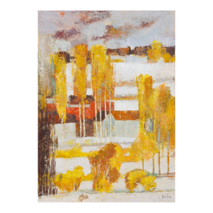 Mid Century Modernist Autumn Landscape Oil Painting by y.w. Lee Circa 1960's