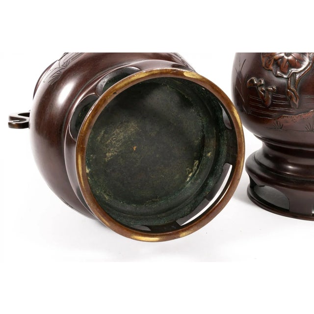 Pair Meiji Japanese Bronze Vases With Bird & Pond Relief For Sale - Image 10 of 11
