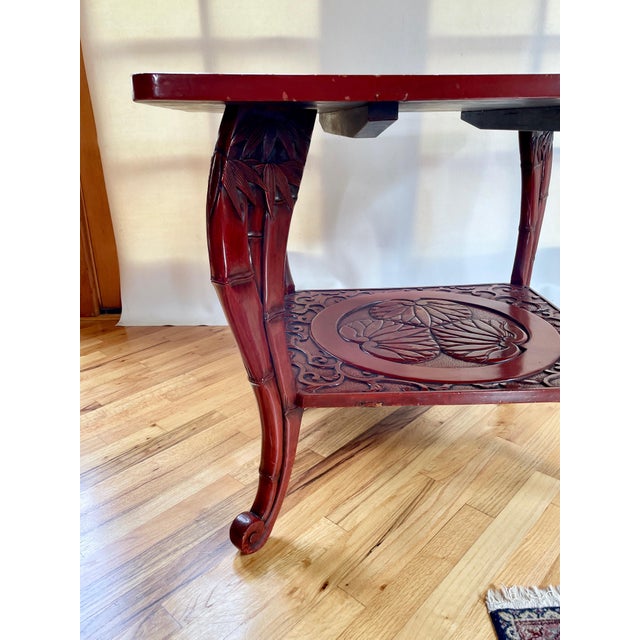 1900 - 1909 1900s Chinoiserie Style Lacquer Hand Carved Two Tier Table With Bamboo and Lotus Motifs in the Style of Liberty - For Sale - Image 5 of 11