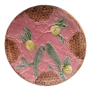 French Pink Majolica Parakeets Plate Salins, Circa 1890