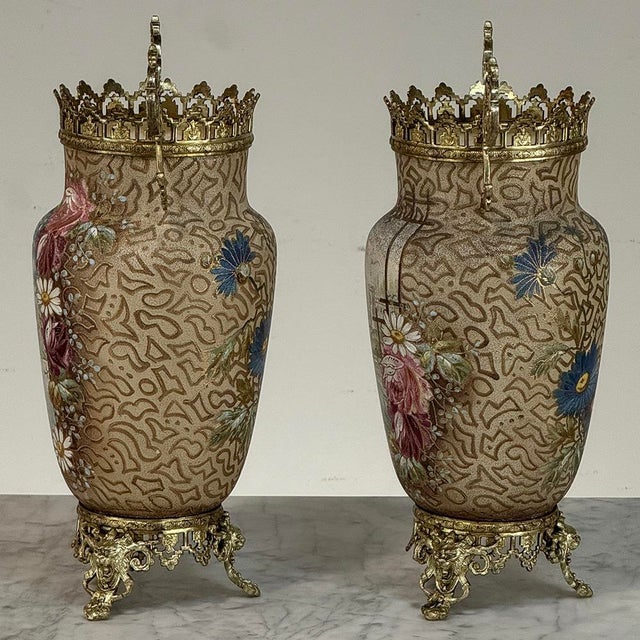 Pair of 19th Century French Gilt Bronze Mounted Hand-Painted Porcelain Vases by Royal Bonn For Sale - Image 9 of 18