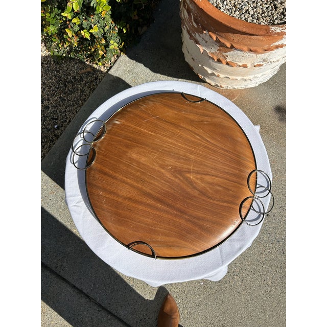 Vintage Mid-Century Wood Serving Tray With Sculptural Metal Handles For Sale - Image 12 of 14