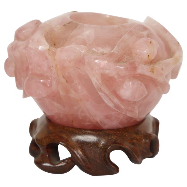 Hand Carved Chinese Rose Quartz Brush Washer on Custom Stand For Sale