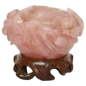 Hand Carved Chinese Rose Quartz Brush Washer on Custom Stand