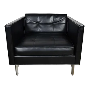 Vintage Modern Maurice Villency Button Back Black Vinyl Faux Leather Cube Club Chair Chrome Legs
