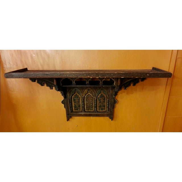 Wood Vintage Moroccan Hand-Carved and Hand-Painted Wooden Wall Shelf For Sale - Image 7 of 12