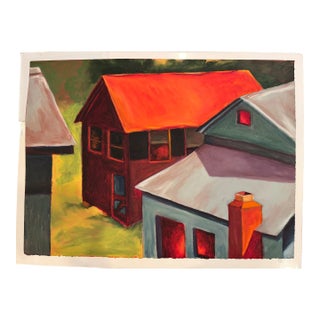 Contemporary Landscape Painting in Oil Paint Stick on Gessoed Paper, "Buildings" by Teresa DiMarco For Sale
