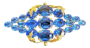 Vintage Blue Brooch Gold Plated Setting Czech Topaz Glass Austrian Crystal Pin Estate Piece