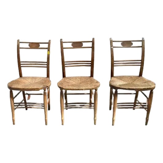 Vintage Rush Seat Spindle Back Side Chairs Set of 3 For Sale