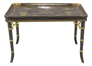 Chinoiserie Japanned Black and Gold Lacquer Tray Top Table With Faux Bamboo Fretwork 19thc