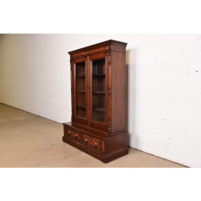 Victorian Herter Brothers Style Antique Eastlake Victorian Carved Walnut and Burl Wood Bookcase, Circa 1880s For Sale - Image 3 of 14