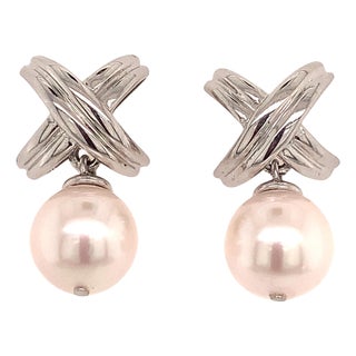 Akoya Pearl Dangle Earrings 14k Gold Certified For Sale
