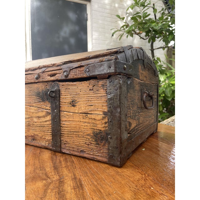 Metal Antique French Wood Iron and Hide Chest For Sale - Image 7 of 15