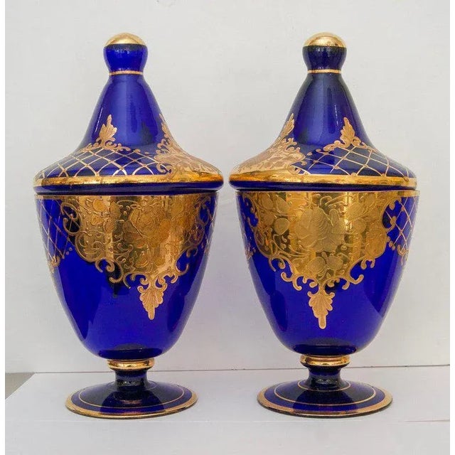 1960s Cobalt Blue & Gold Murano Glass Urns - a Pair For Sale In West Palm - Image 6 of 6