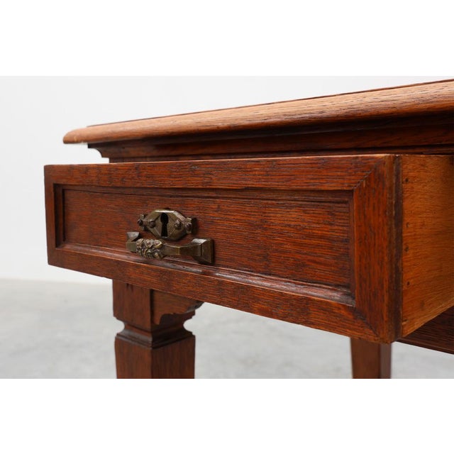 Art Deco Carved Oak Table with Copper Details, Belgium, 1920s For Sale - Image 4 of 13