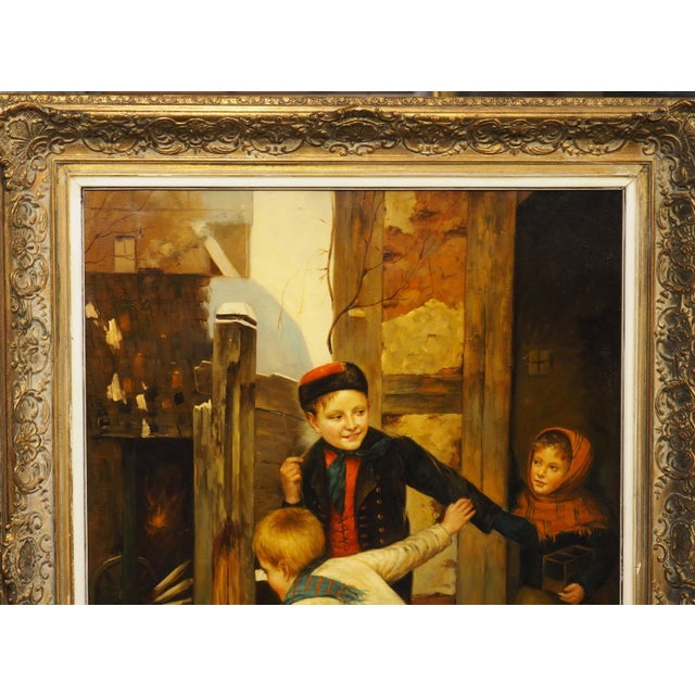 19th Century Oil on Canvas Painting, Children Playing in Winter, Alsace, France For Sale In Dallas - Image 6 of 16