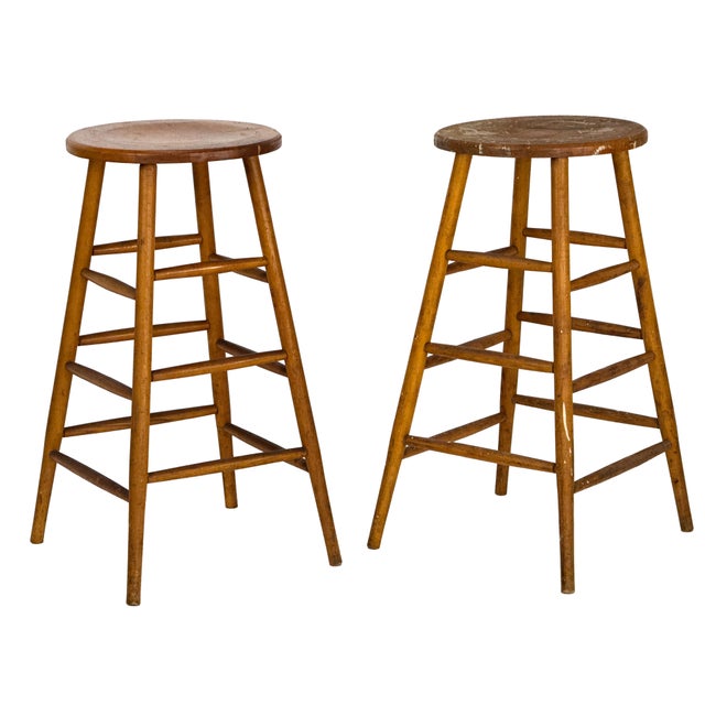 Vintage 1940s Pair of (2) 29.25" Tall Wood Artist Studio Stools For Sale - Image 4 of 18