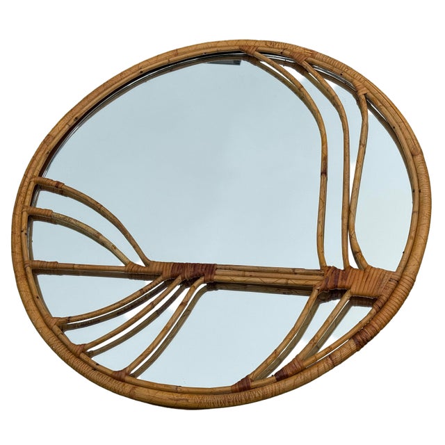 Mid-Century Modern Vintage Rattan Round Mirror - Large Boho Style For Sale - Image 3 of 6