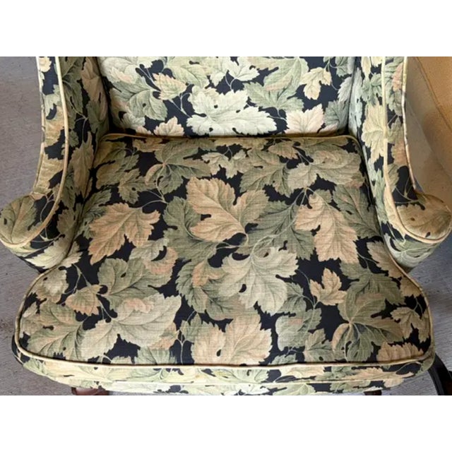Mid Century Wing Back Chair With Pretty Curved Arms in an Autumn Leaf Pattern Upholstery, Signed For Sale - Image 4 of 8