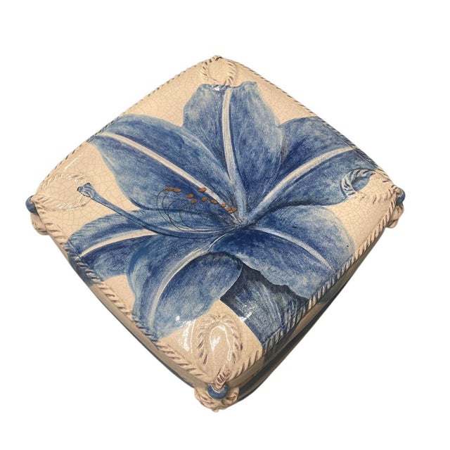 Italian Italian Ceramic Stacked "Pillow" Garden Stool – Blue Lily For Sale - Image 3 of 10