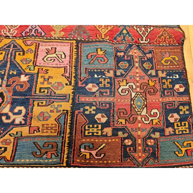 19th Century Caucasian Soumak Rug, Hand-Knotted Wool,Tapestry Tribal Wall Art, 4' x 5' For Sale - Image 15 of 18