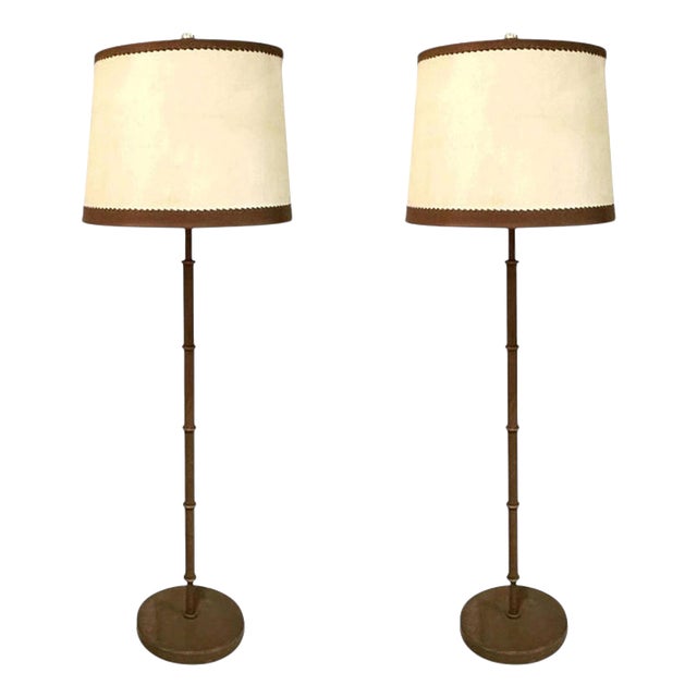 Mid-Century Modern Floor Lamps in Leather and Parchment, Germany, 1960, Set of 2 For Sale