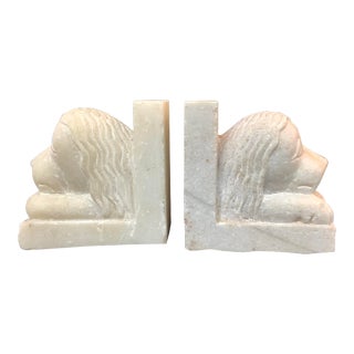 Vintage Carved Marble Lion Head Bookends - a Pair For Sale