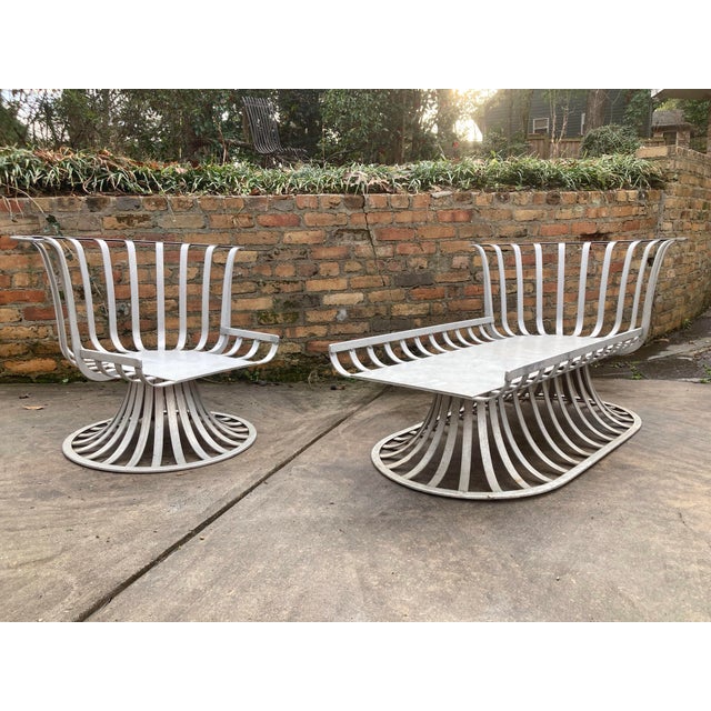 as rare as rare can be, original russell woodard welded aluminum chaise and matching chair… they will need pillows...