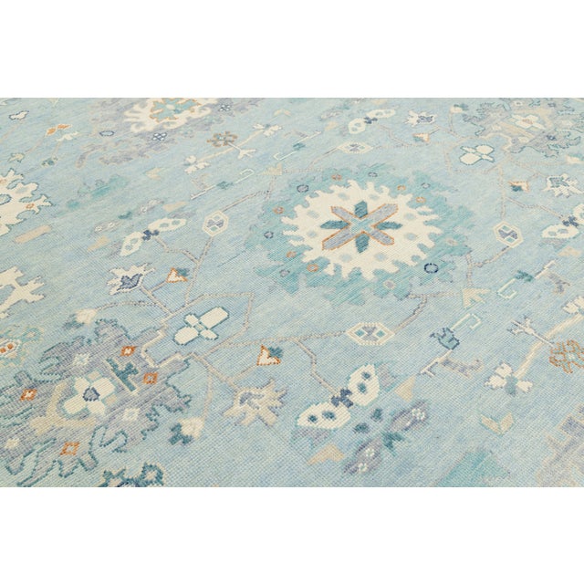Hand-Knotted Modern Oushak Wool Rug in Soft Sky Blue, Cream & Muted Teal For Sale - Image 9 of 12