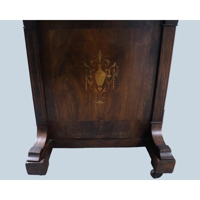 Mid 19th Century Beautiful Antique Rosewood Marquetry Writing Desk With Dual Flip Tops, Drawers & Wheels For Sale - Image 9 of 13