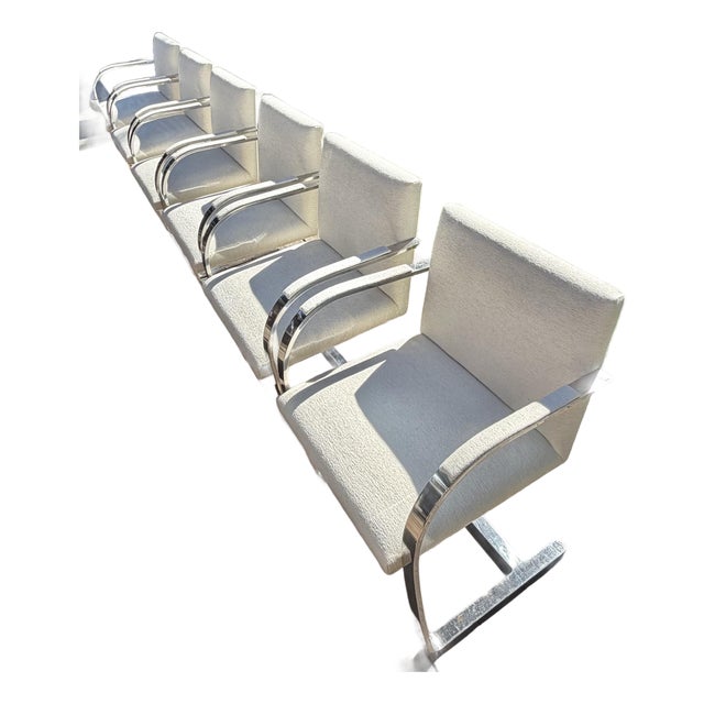 Set of Six, Custom Cantilever Dining Chairs Upholstered in Ivory, Attributed to Ludwig Mies Van Der Rohe For Sale