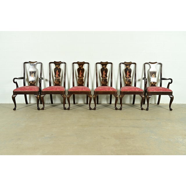 Chinoiserie Henredon Chinoiserie Queen Anne Hand Painted Oak and Burl Wood Dining Chairs, Set of Six For Sale - Image 3 of 14