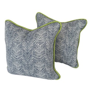 Navy and White With Lime Green Leather Trim Throw Pillows- Set of 2 For Sale