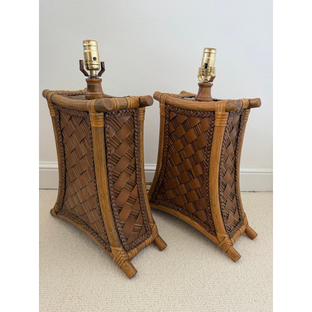 1970s Vintage Bamboo and Leather Strap Table Lamps - A Pair For Sale - Image 5 of 12