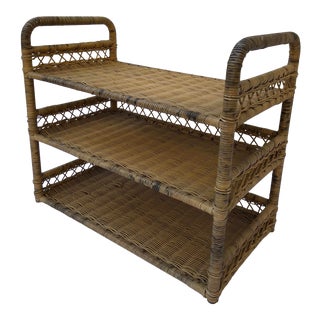 Vintage Boho Chic Wicker Shoe Rack For Sale