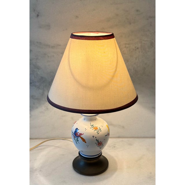 Vintage Faience Small Table Lamp With Hand Painted Birds For Sale - Image 10 of 11