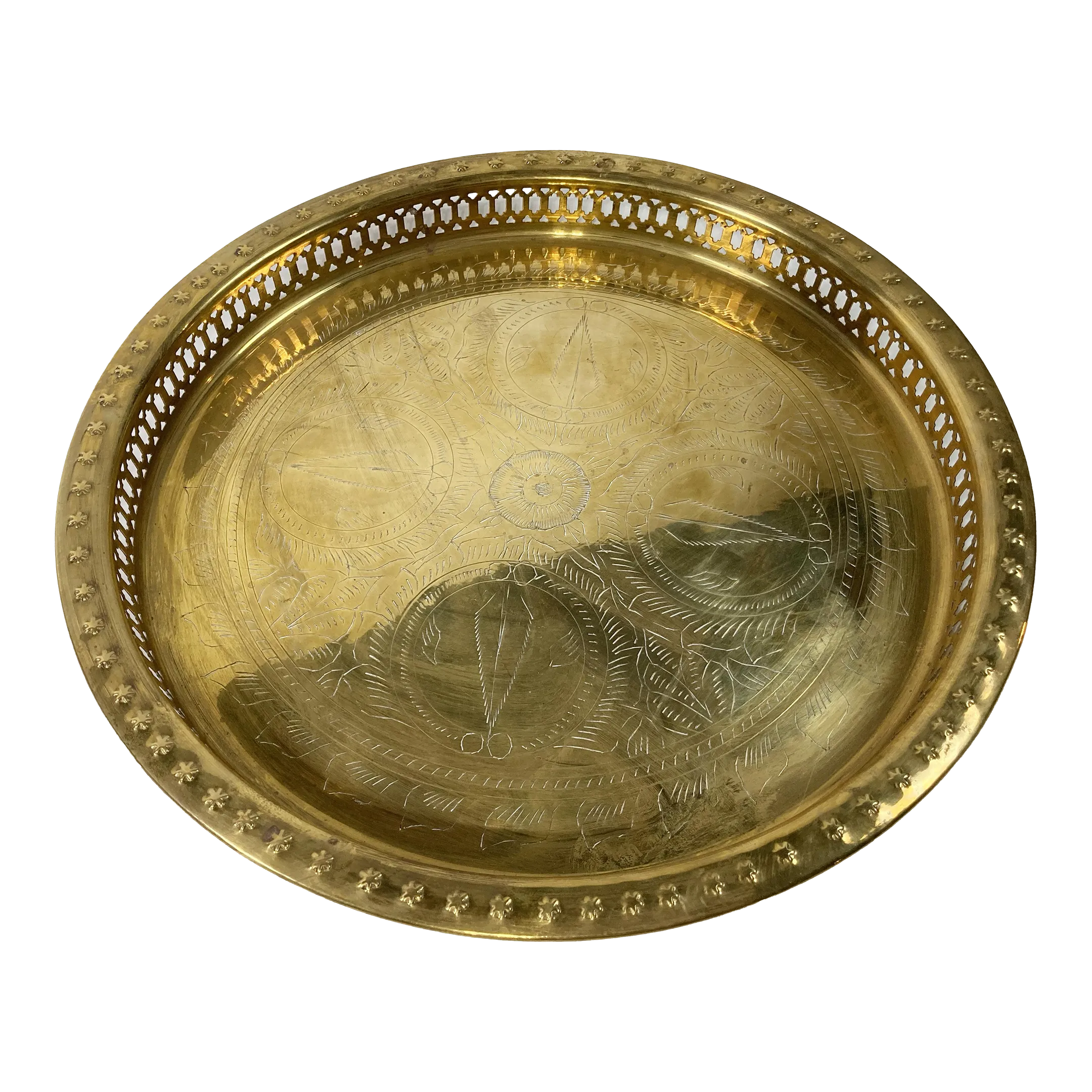 Vintage Etched Brass Tray With Embossed Pierced Rim | Chairish
