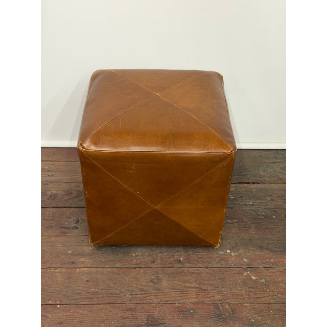 Contemporary Cognac Leather Crate and Barrel Stool For Sale - Image 3 of 10