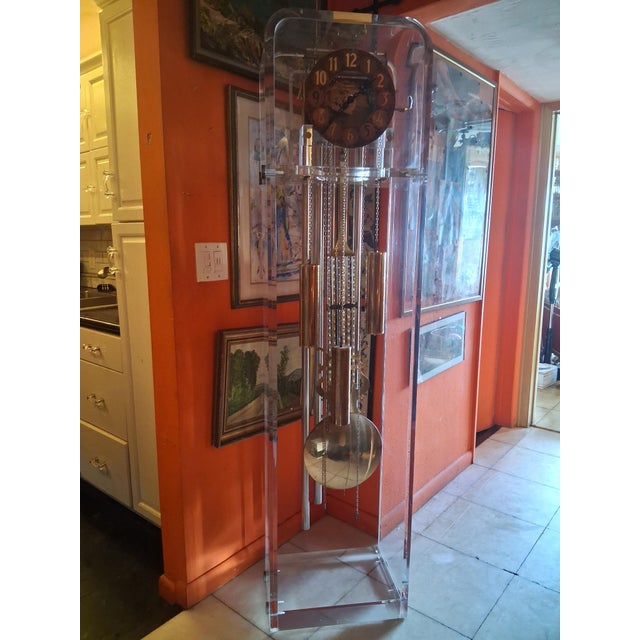 Brass 1960's Monumental Mid Century Modern Lucite Grandfather Clock For Sale - Image 8 of 17
