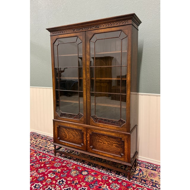 Antique English Jacobean Bookcase Cabinet Double Door Wavy Glass Tiger Oak 1930s For Sale - Image 4 of 18
