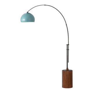 1980s 92" Tambo Floor Lamp in Black Nickel by Nova of California, 1980s - Mid Century Arc Lamp, Pool Blue Shade, Dark Walnut Base, Dimmable For Sale