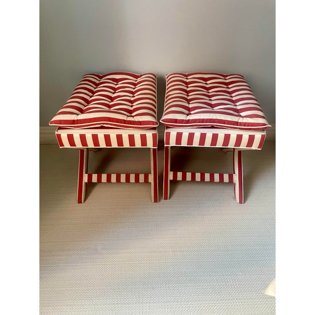Great pair of Billy Baldwin Parsons stool/benches. These are done in a Schumacher red and white stripe cotton. Great for a...
