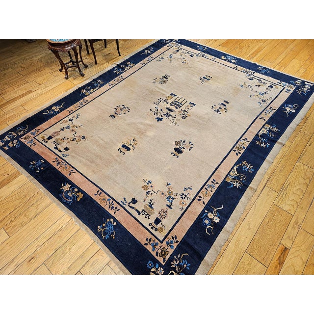 Tan Antique Chinese Peking Rug, Hand-Knotted Wool Pile, Pale Tan & Blue, 9' x 12' For Sale - Image 8 of 18