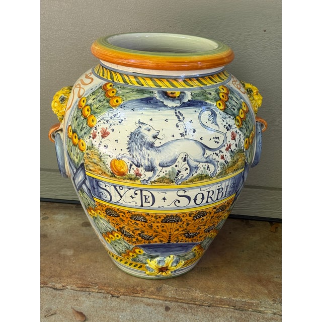 Late 20th Century Large 21” Hand-Painted Majolica-Style Floor Urn With Lion Head Ring Handles For Sale - Image 5 of 14