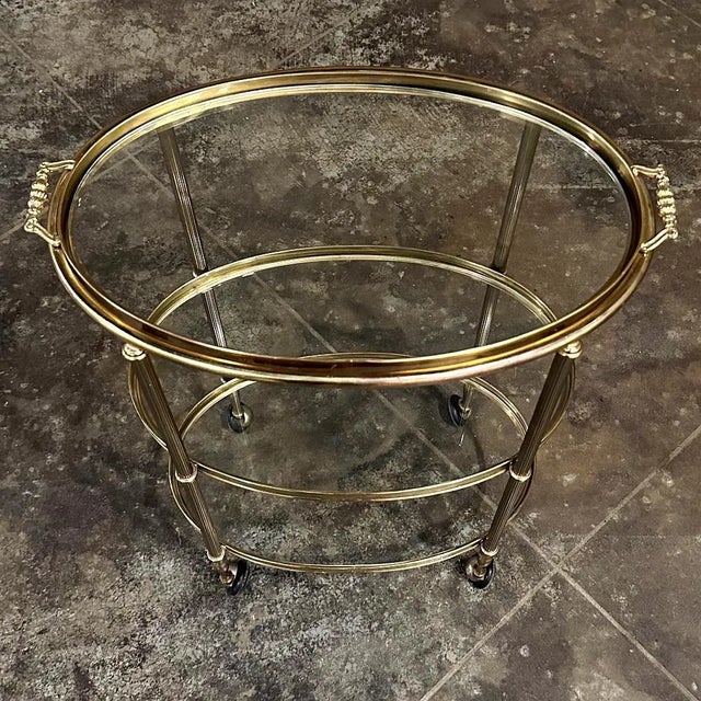 Mid 20th Century Mid-Century Brass & Glass Oval Bar Cart For Sale - Image 5 of 10