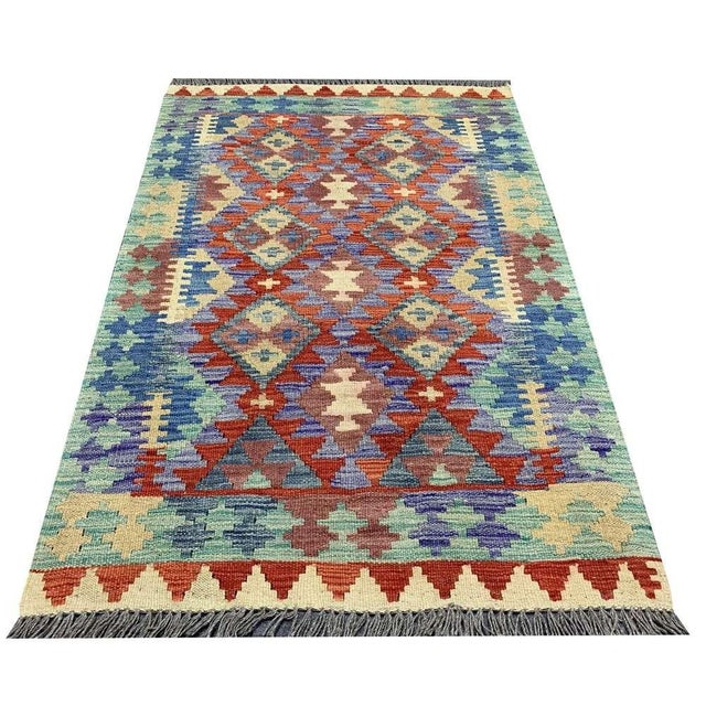 Abstract New Afghan Chobi Hand Woven Veg Dyed Wool Kilim Area Rug 4.1 X 2.8 Ft For Sale - Image 3 of 11