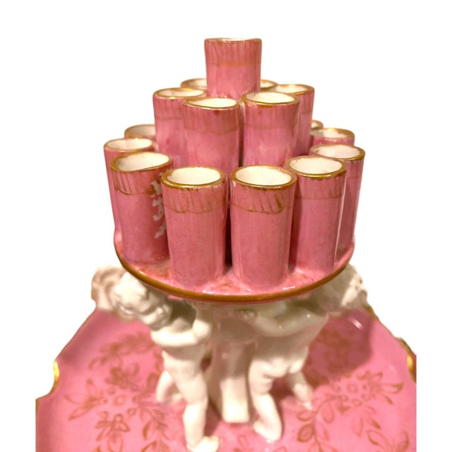 Antique Carl Thieme Dresden Pink Porcelain Cherub Cigarette Holder / Flower Frog Vase For Sale - Image 12 of 14